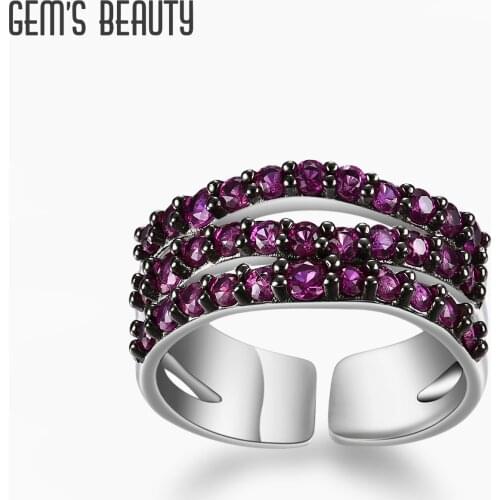 GEMS BEAUTY Lab Created Ruby Pave Handmade Ring 925 Sterling Silver Statement Open Adjustable Rings For Women Fine Jewelry