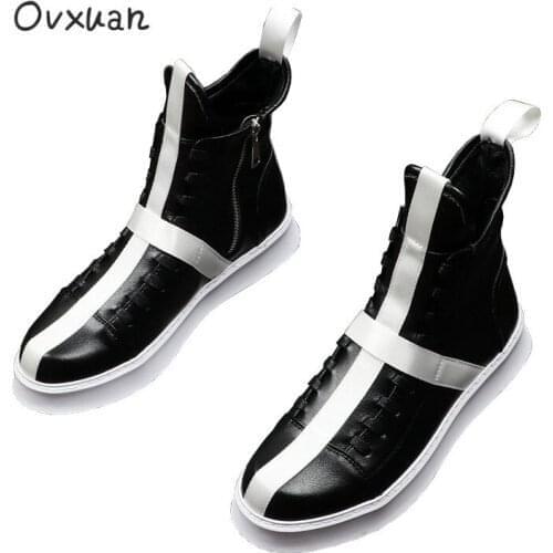OVXUAN Short Boots for man White Crossed Stripe British Style High Top Mens Designer Shoes Outdoor Leather Ankle Boots Men Botas