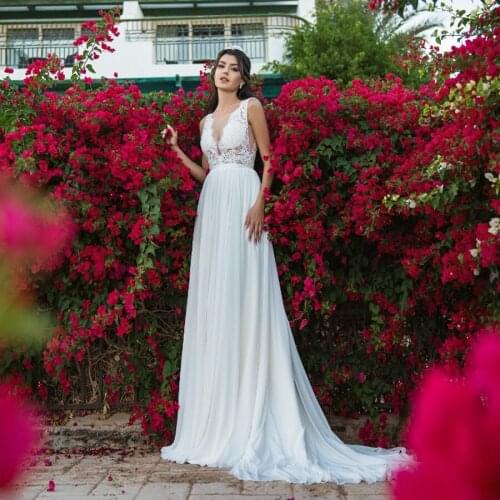 Jiayigong A Line Wedding Dress 2020 Sexy V-neck See Trough Bridal Dress Lace Flowers Fairy Beach Wedding Dresses Robe Mariee