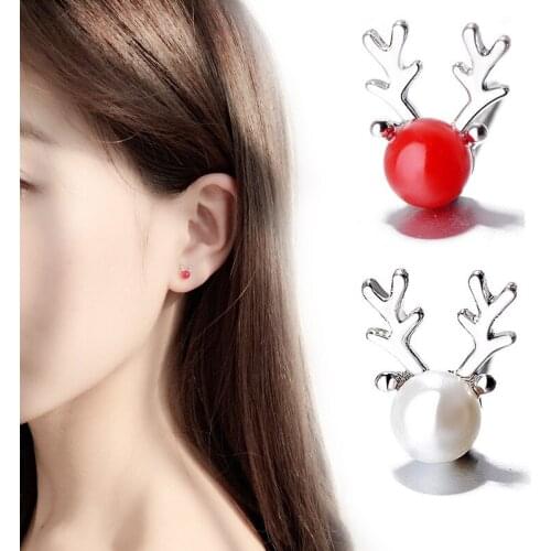 New Simple Antler Pearl Stud Earring Fashion Lovely Girl Silver Color Earring Fashion Charm Lady Christmas Jewelry Accessories