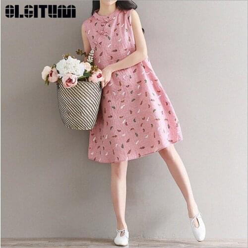 New OLGITUM 2020 Summer Retro Cotton and Linen Women Dress Sleeveless A-line Dress Female Chinese Style Linen Dress Mujer DR878