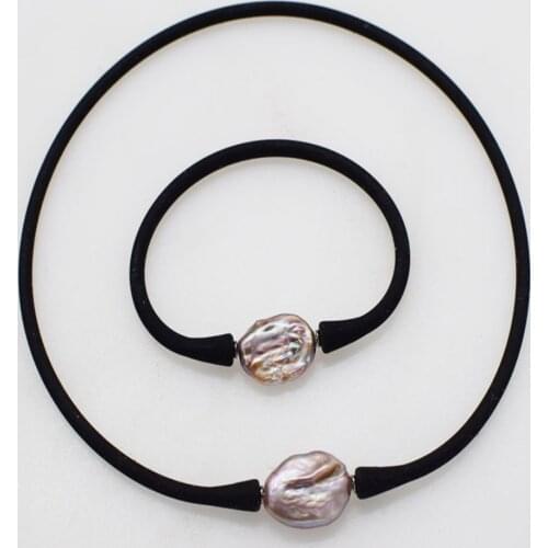 Freshwater pearl reborn keshi purple flat oval and silicone necklace bracelet 40cm 19cm