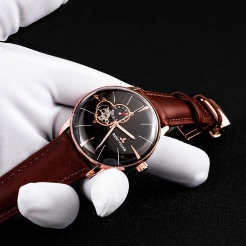 Reef Tiger/RT Top Luxury Rose Gold Watch Mens Automatic Mechanical Watches Brown Leather Strap Tourbillon Watches