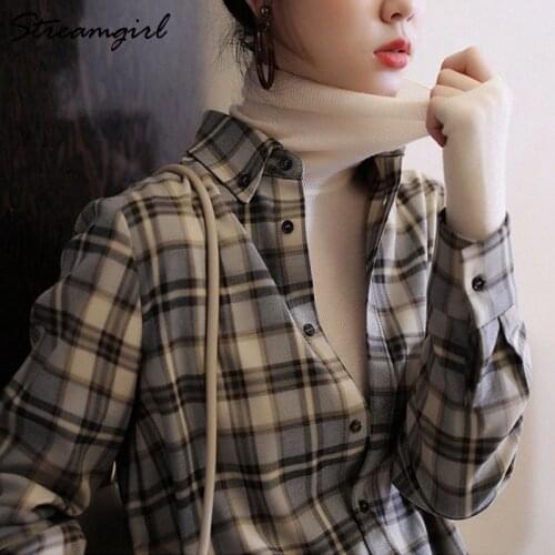 Autumn Plaid Shirts Women Loose Oversize Blouse Female Winter Vintage Boyfriend Womens Oversize Shirt Plaid Button Up Blouse