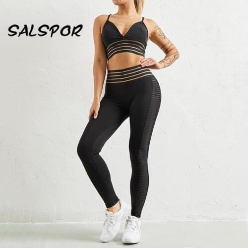 SALSPOR Fitness Legging Women Sports Suit Seamless Gym Set Female Padded Push-Up Bra 2Pcs Mesh Patchwork Activewear High Waist