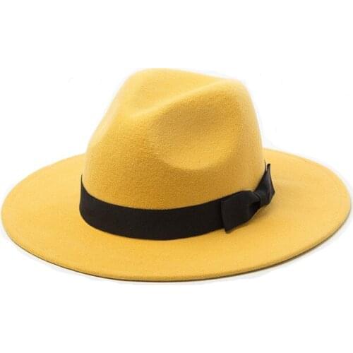 Classical Black Floppy Bowknot Decoration 100% Wool Jazz Fedora Hats for Women Ladies Party Top Hat Panama Felt Trilby Cap