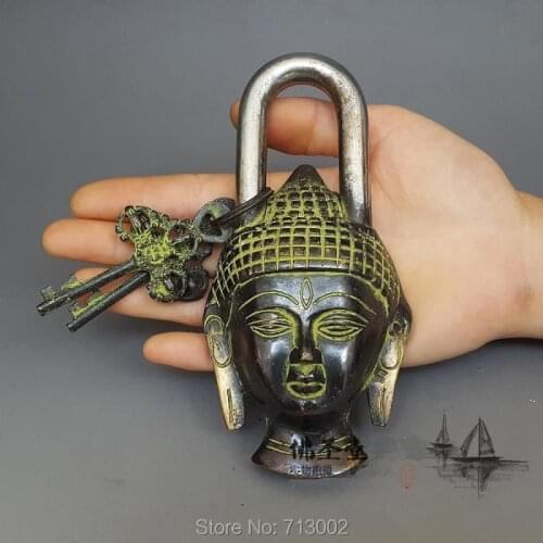 Old Pure Copper lock Buddha Head shape of the padlock And Two Key Lucky guard