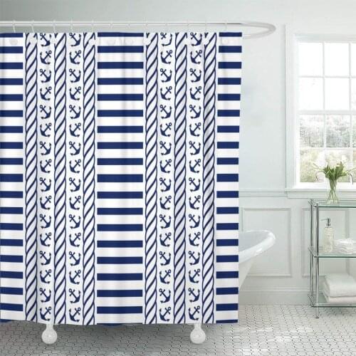 Blue Pattern Nautical Stripes and Anchors Sea Navy Rope Shower Curtain Waterproof Polyester Fabric 72 x 78 Inches Set with Hooks