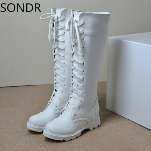 US4-11 Goth Round Toe Riding Combat Shoes Womens Low Heel Lace Up Knee High Boots Biker Motorcycle Black White Plus Size C870