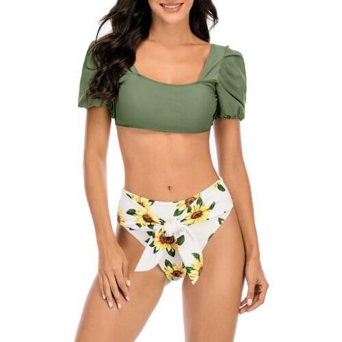 Ladies Cute Sleeves Solid Color Bikini Square Neck Swimsuit Two-piece High Belt Bikini Swimsuit