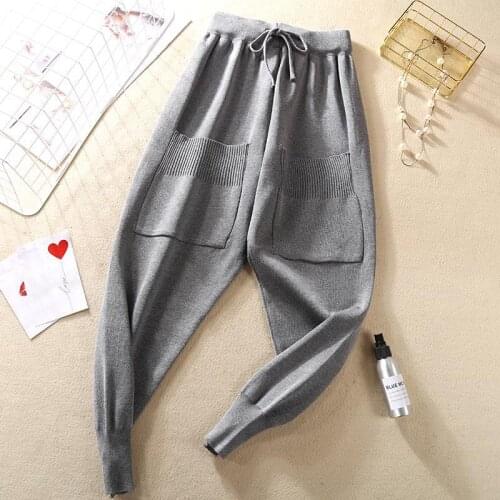 2021 Women Spring Autumn Fashion Knitted Harem Pants Female Lace Up High Waist Trousers Ladies Solid Loose Ankle Pants U576