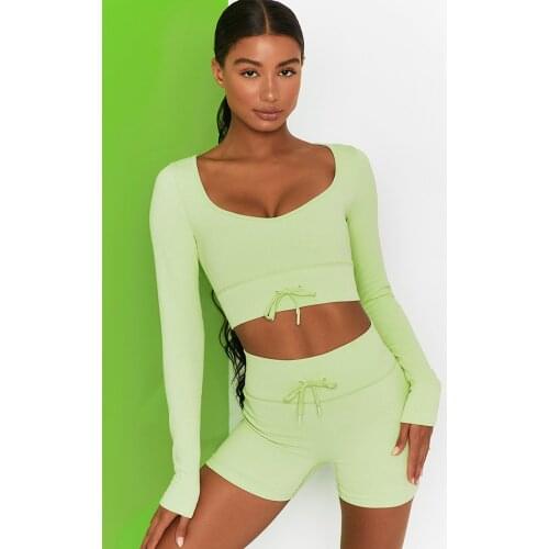 Womens Two Piece Yoga Set Seamless Crop Top Long Sleeve Shorts Sportsuit Workout Outfit Fitness Female Sport Suit Gym Wear Gym