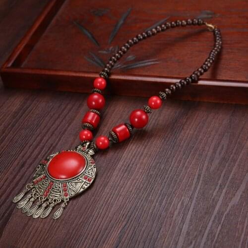 Bohemia Vintage Ethnic Leaf Red Stone Tassel Necklace For Women Gypsy Sliver Color Long Chain Necklace For Girls Tibetan Jewelry