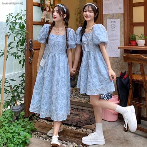 2021 Summer New Dress Square Neck Puff Sleeve Women Fashion Sweet and Gentle Girlfriends Dress Thin Temperament Long Skirt