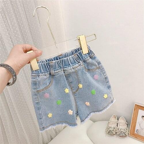 2021 New Summer Girls Denim Shorts Elastic Waist Fashionable Kids Baby Floral Print Short Jeans Pants Children Clothes 2-6Y