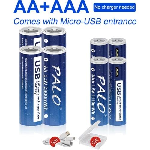 PALO 100% Original 4Pcs 1.5v AA USB Rechargeable Battery 2800mWh +4Pcs 1.5v USB AAA Rechargeable Battery 1110mWh
