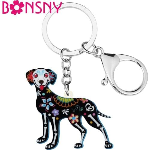 BONSNY Halloween Acrylic Cute Flowers Skull Skeleton Smile Dogs Keychains Fashion Key Ring Pets Jewelry For Women Girls Gifts