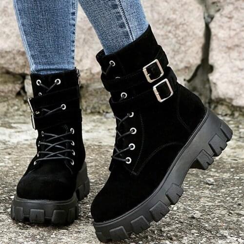 Womens Platform Martin Boots Fashion Black Suede Double Button Ankle Boots Female Round Toe Zipper Booties