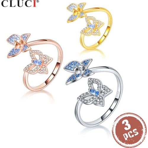 CLUCI 3pcs 925 Sterling Silver Butterfly Ring for Women Silver 925 Pearl Ring Mounting Adjustable Zircon Butterfly Ring SR2235SB