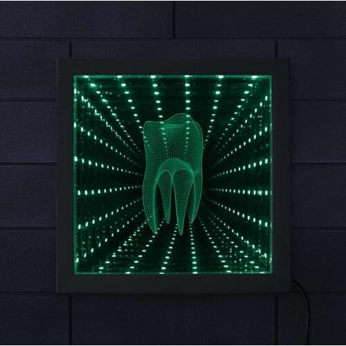 Dental Clinic Decoration Gorgeous Tunnel Vision Mirrored light Wood Frame Tooth Shape LED Infinity Mirror Atmosphere Night Light