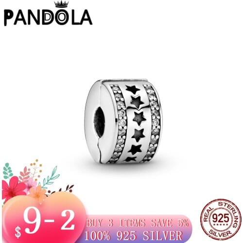 Hot 2021 New 925 Sterling Silver Row of Stars Clip Charm Beads Fit Original Pandora Bracelet Fine Silver Jewelry Gift