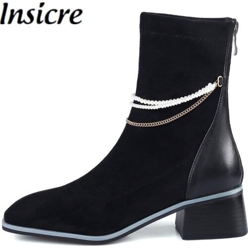 Insicre Kid Suede Chain Zipper Women Ankle Boots Square Toe Beaded Patchwork Black 2021 Winter Shoes Thick Heels