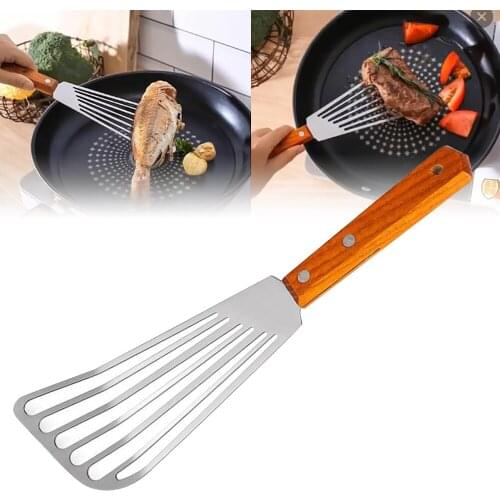 Kitchen Non-Slip Stainless Steel Frying Spatula Leaky Shovel Fish Slice Cookware Wood Non-Slip Rust-Proof 2
