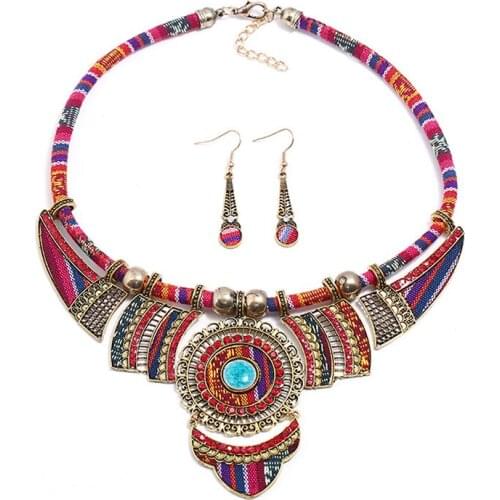 Hot Sales Boho Bohemia Jewelry Sets Traditional Tribal Necklace Earrings Set Dangle Red Blue for Women