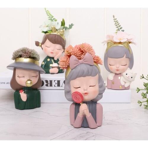 Cute Garden Decor Flower Pot Succulents Planter Pot Vase Girl Figurines Desk Top Statue Figure Micro Landscape Bonsai Holder Pot