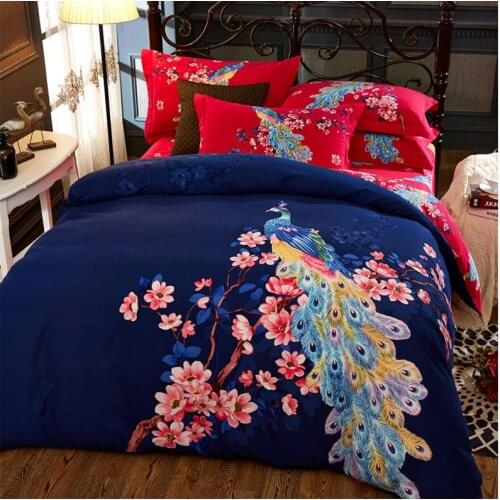 Fashion 100% Cotton Sanding Printed Flower Bedding Set Wedding Bed Sheet set Duvet Cover Pillowcase Queen King 4pcs purple blue