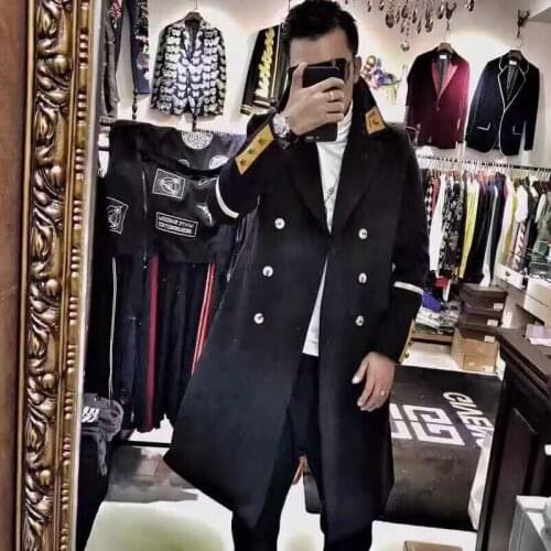 Winter Men Casual Windbreaker Woolen Coat Mens Double - Breasted Metal Thread Embroidered Wool Long Jackets Slim Trench Coat