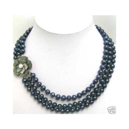 New 3 Row 6-7mm Black pearl Necklace Flwoer Clasp