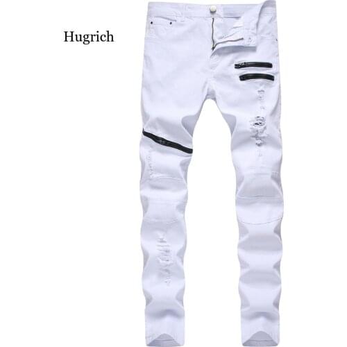New Men Slim Fit Pencil Jeans Solid Color High Waist Ripped Trousers Close-Fitting Denim Pants for Men Black/white/red