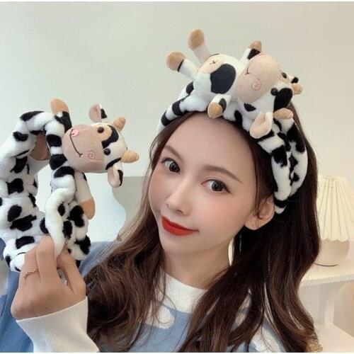 H9ED Spa Headband Cartoon Cute Cow Hairband Animal Pattern Fashionable Headbands Elastic Head Wrap for Washing Spa Makeup