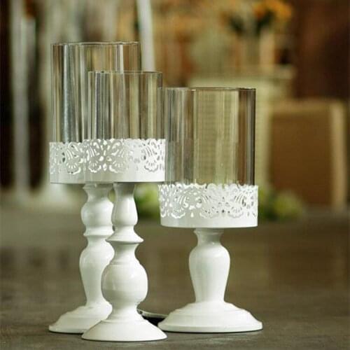 Wholesale Scandinavian style white cast iron carved high Holman sets of three cups glass candlestick wedding