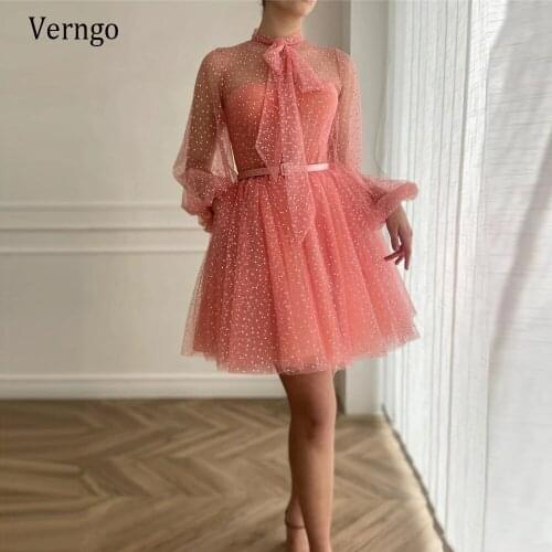 Verngo Peachy Pink Dotted Tulle Prom Dresses Long Puffed Sleeves Bow Collar Velvet Belt Pockets Mini Party Formal Gowns 2021