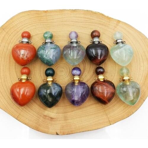 Heart Love pendant Natural Gems stone Perfume Bottle Healing chram gold plating stainless steel vial Crystal Quartz diffuser