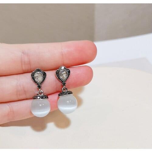 Vintage Antique Silver Color Jewelry Elegant Opal Ball Drop Earring For Women Retro Ethnic Style Accessories Female Earrings