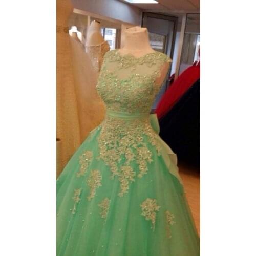 Delightful Green Lace Appliques Prom gown vestido de festa Zipper Back Evening Party Gown with Bow mother of the bride dresses