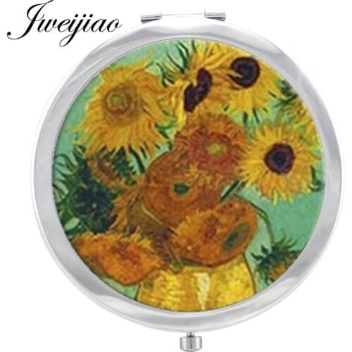 JWEIJIAO Sunflower Blue Sky Makeup Mirror Glass Cabochon flowers Painting Floding Round compact Hand pocket Magnif Mirror espejo