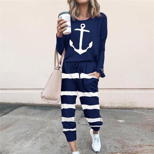 Ladies Homewear European and American New Fashion Loose Printed Long Sleeve O-Neck Two-piece Set Ladies Casual Striped Pants