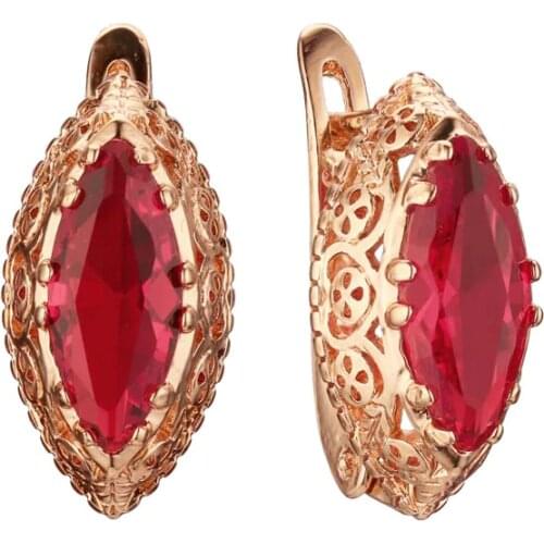 FJ Women Red/Blue/Green Stone Earrings 585 Gold Color Oval Round Fashion Drop Earrings Jewelry