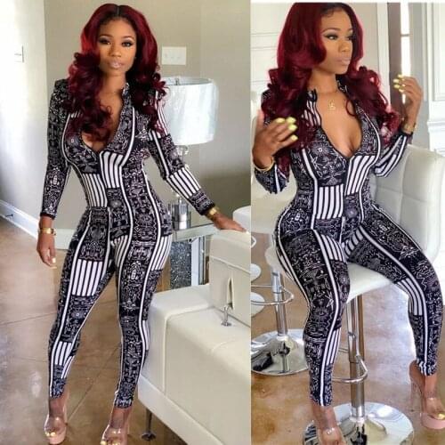 Autumn Long Sleeve Elasticity Skinny Playsuit Women Zipper V-Neck Vintage Printed Rompers Sexy Casual Slim Jumpsuits Overalls