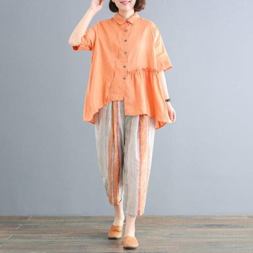 Female 2021 Office Set Asymmetrical Print Shirts Top + Harem Pants Suits Womens Summer Casual Costumes 2 Piece Sets Y818