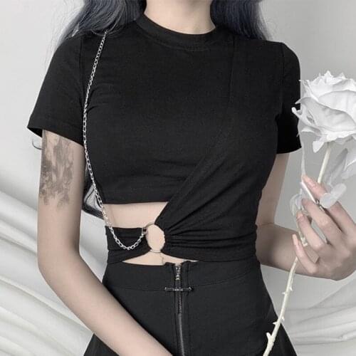 Gothic Hollow Out Tees Summer Punk Slim O Neck Chain Tops Women Sexy Short Sleeve Crop Tops Streetwear Black T Shirt