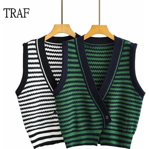 TRAF Za 2021 Knitted Sweater Vest Women Sleeveless Oversized Pullover Vintage Stripe Fall Waistcoat Sweaters Vests For Women