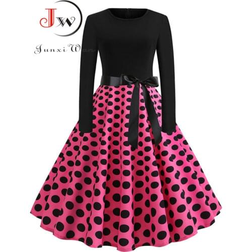 Women Elegant Vintage Dress Polka Dot Printed Party Dress Vestidos Long Sleeve Casual A-line robe Retro Dress Plus Size