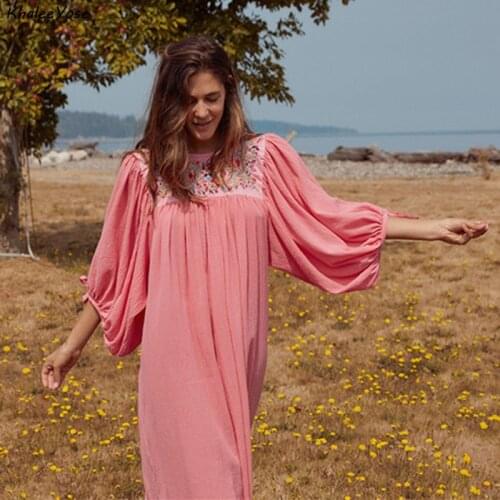 KHALEE YOSE Floral Embroidery Maxi Dress Tunic Summer Boho Women Dresses Loose Oversized Ladies Holiday Pink Female Chic Dress