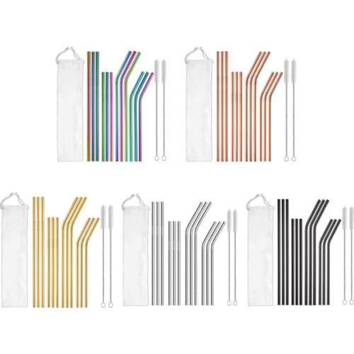12Pcs Reusable Stainless Steel Straws with Cleaning Brushes Storage Bag Metal Drinking Straw
