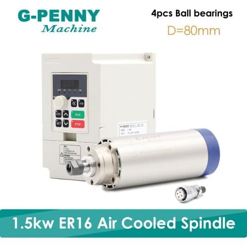 New Product! 220V 1.5KW ER16 CNC Air Cooled Spindle Motor 80mm Air Cooling 4Bearings CNC& 220v 1.5kw VFD inverter & 80mm bracket